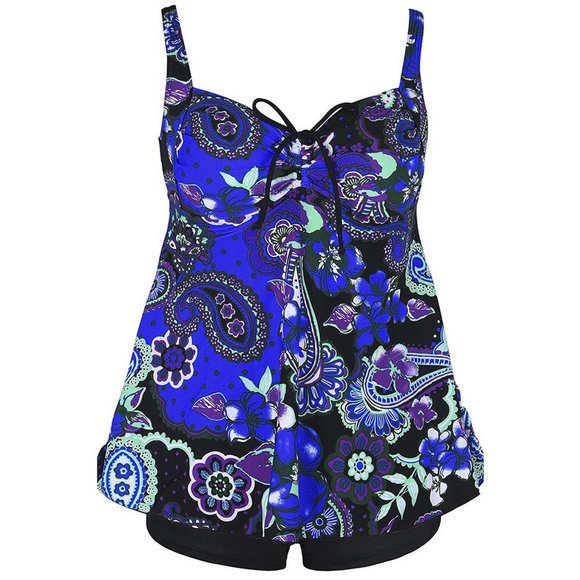 Plus Swim Tankini Set Women's Size 26 Blue Paisley Floral Print Swimwear - Picture 4 of 7